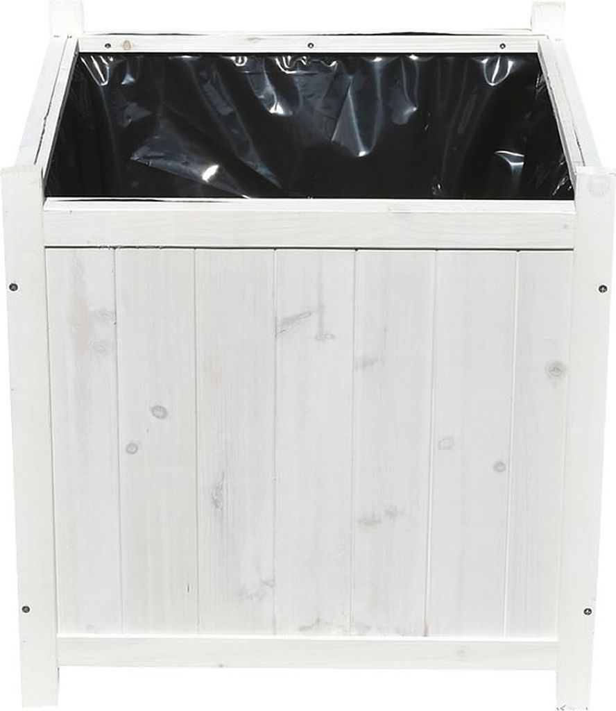 A white wooden planter box with a black liner.