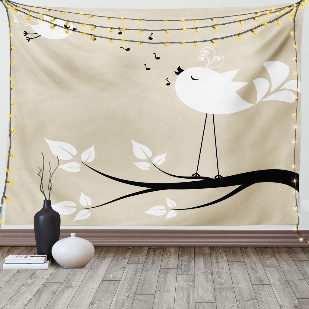 ABAKUHAUS Liebe Wandteppich, Zwei Vögel auf Einer Niederlassung, Wohnzimmer Schlafzimmer Heim Seidiges Satin Wandteppich, 200 x 150 cm, Weiß Schw...
