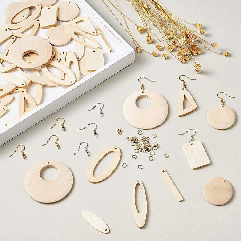 Geometrisches Holzohrringe-Set mit 48 leeren Anhängern und Zubehör