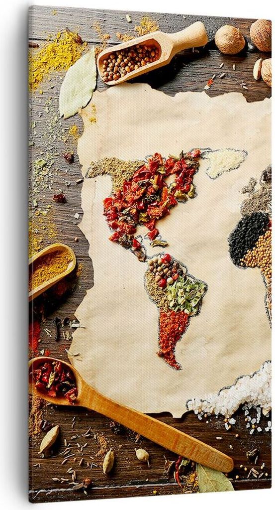 Bild auf Leinwand - Leinwandbild - Welt Karte Gewürze Farben - 55x100cm - Wand Bild - Wanddeko - Leinwanddruck - Bilder - Kunstdruck - Wanddekorat...