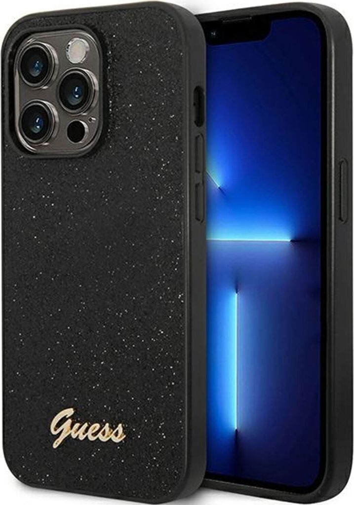 A black glitter phone case with a gold 'Guess' logo is shown next to a smartphone.