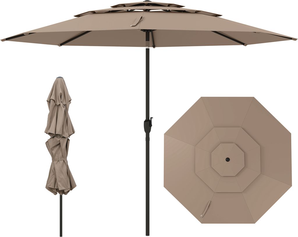 A tan patio umbrella is shown in three views: fully open, closed and folded, and a top-down view of the open umbrella.