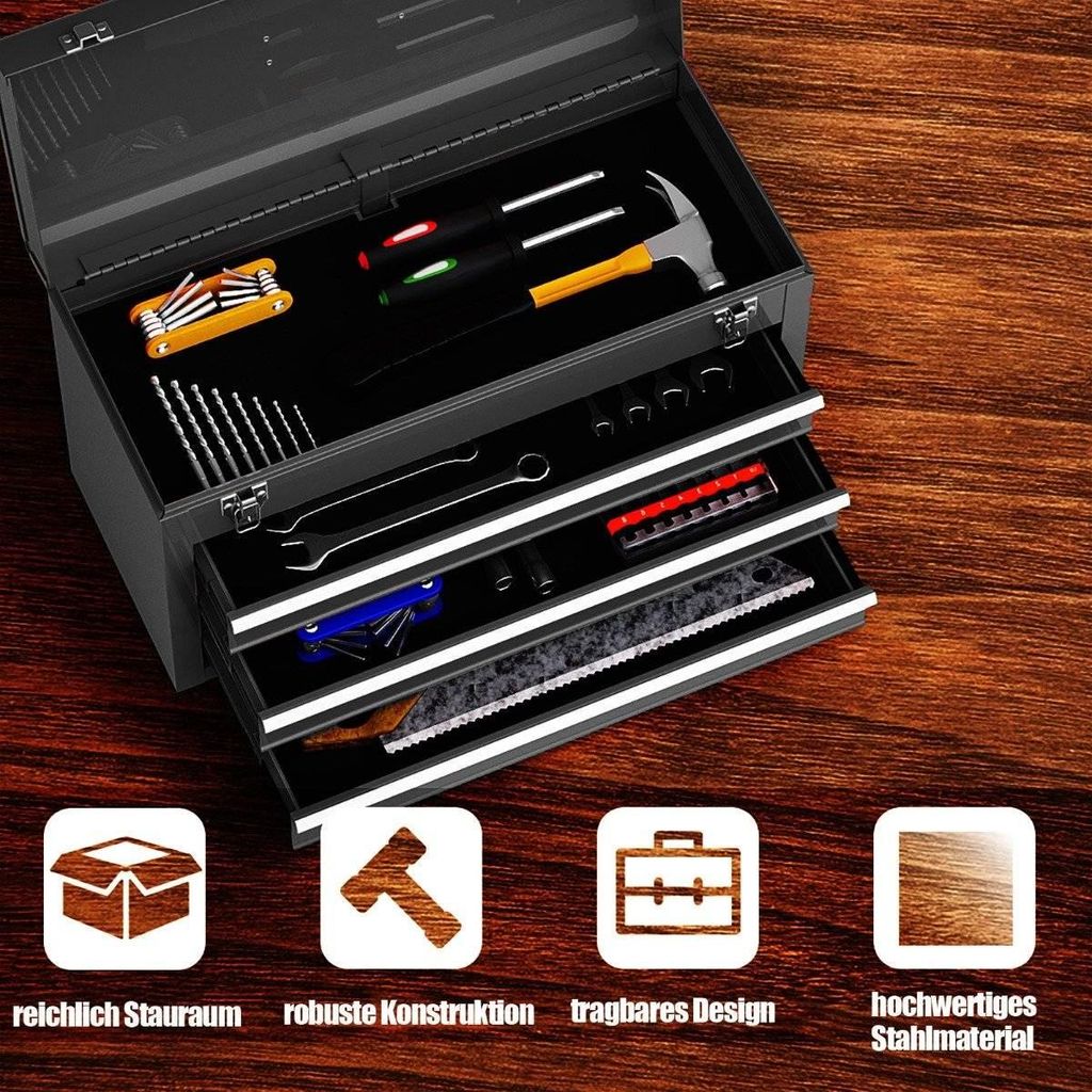 Metall Werkzeugkiste mit 3 Schubladen & Oberem Fach Werkzeugkasten 52 x 21 x 30 cm Schwarz