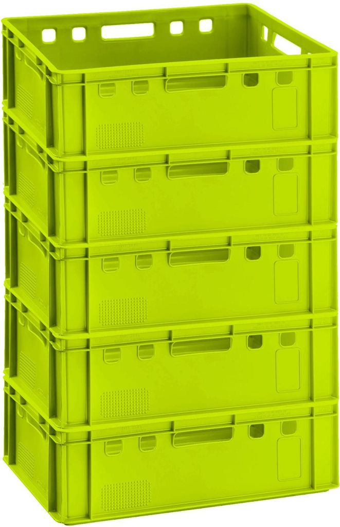 A stack of five identical green plastic crates.