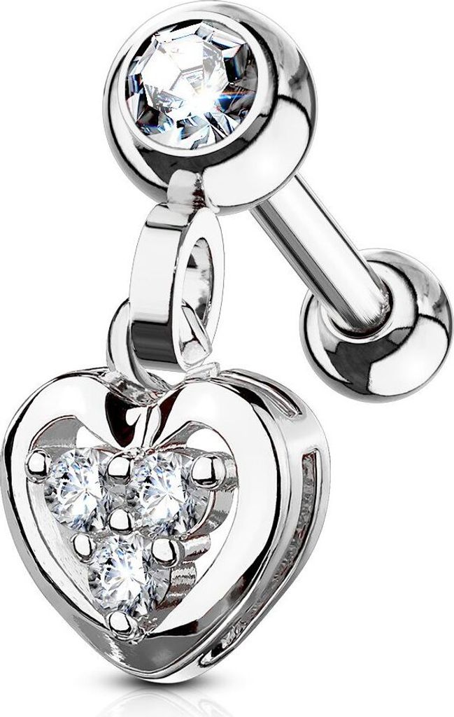 Tragus Ohr Piercing Stecker Helix Cartilage Barbell Herz Heart Zirkonia Kristalle Autiga silber