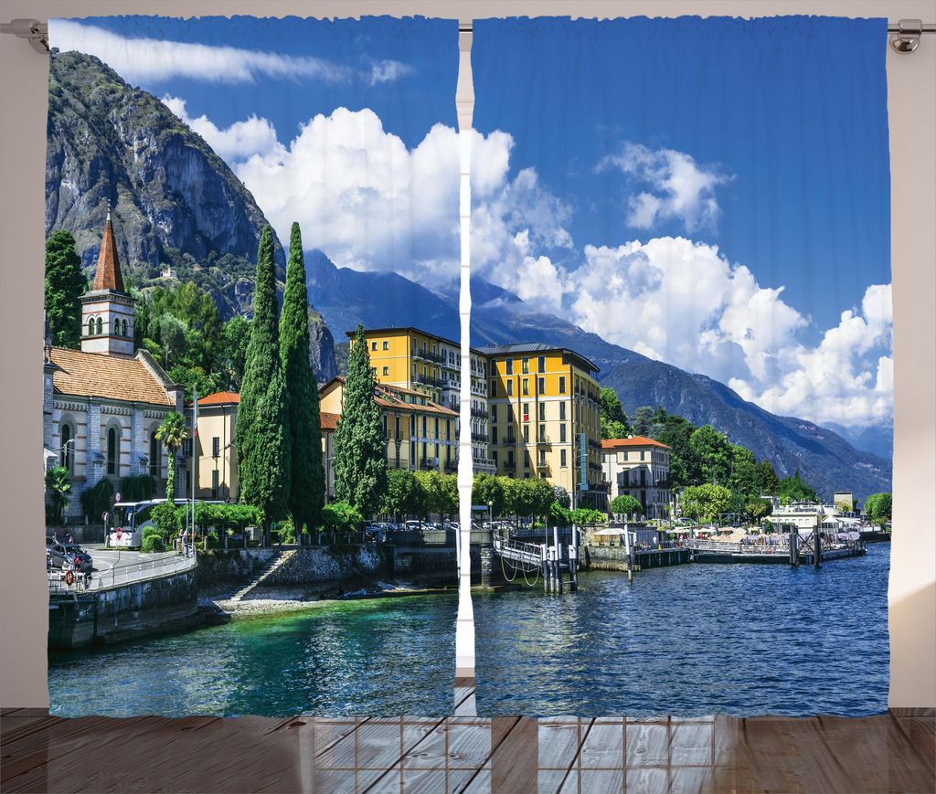 ABAKUHAUS Italien Rustikaler Vorhang, Landschaft des Comer Sees,, Wohnzimmer Universalband Gardinen mit Schlaufen und Haken, 280 x 175 cm, Blau und...