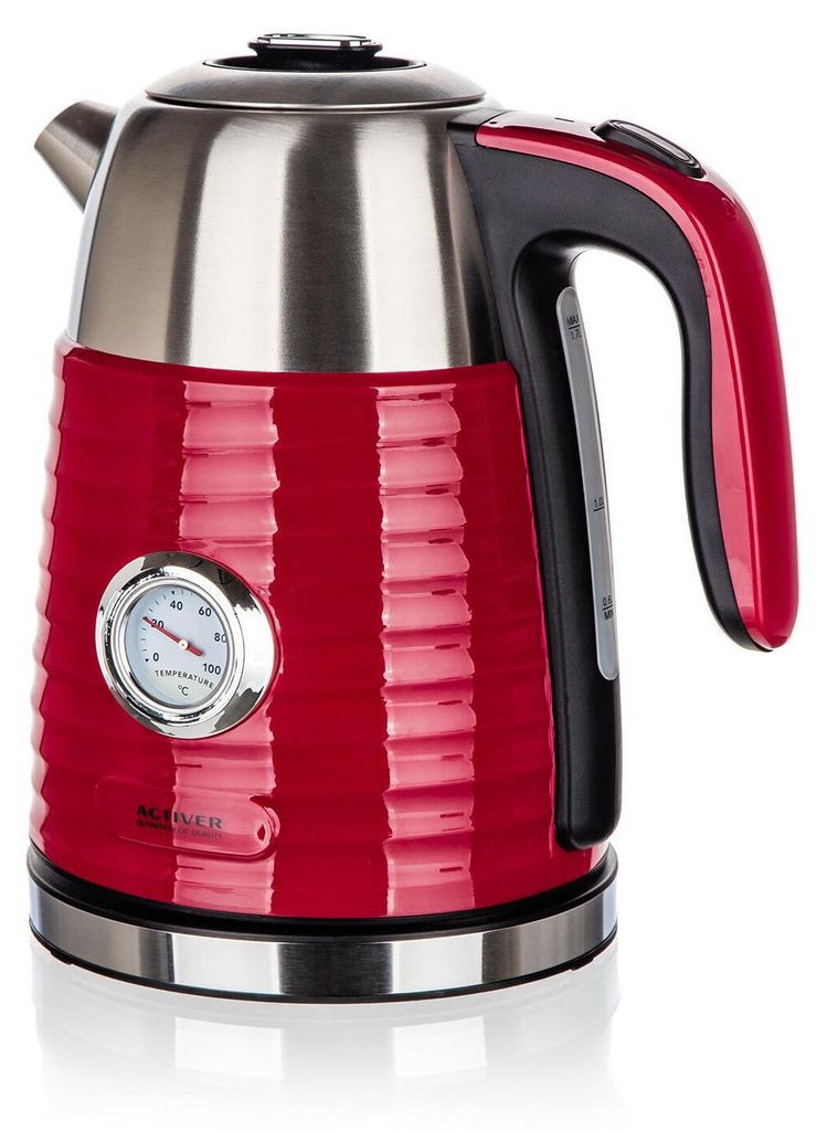 A red electric kettle with a silver top and a built-in thermometer.