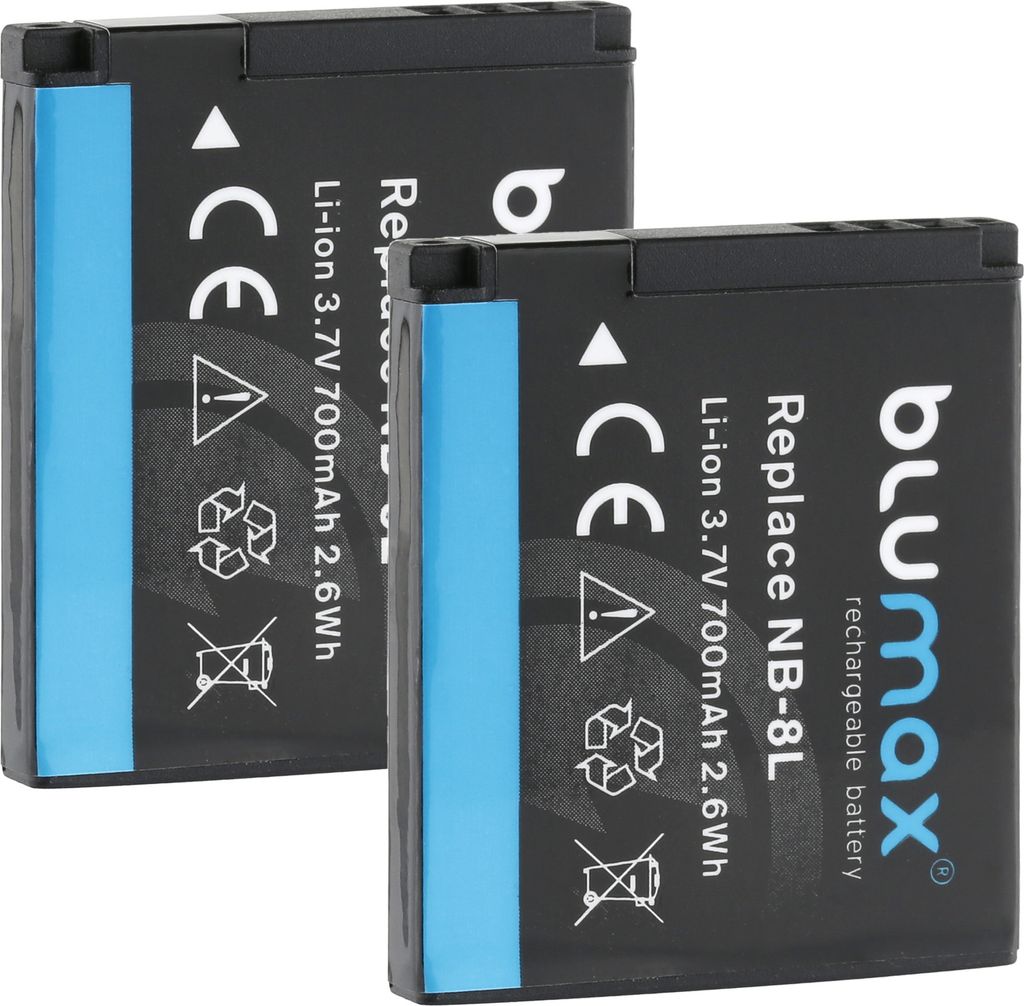 2x Blumax Akku für Canon NB-8L Powershot A2200, A3000 ,3100 750 mAh (3,6V)