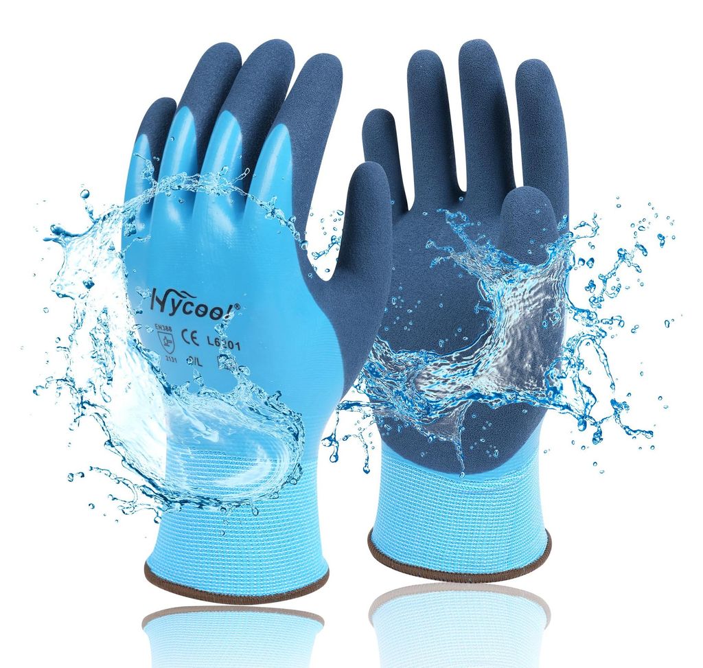 Arbeitshandschuhe für Damen und Herren – Wasserdichte Gartenhandschuhe mit Schaumlatex- und Gummibeschichtung (1 Paar – blau), Größe 7/S