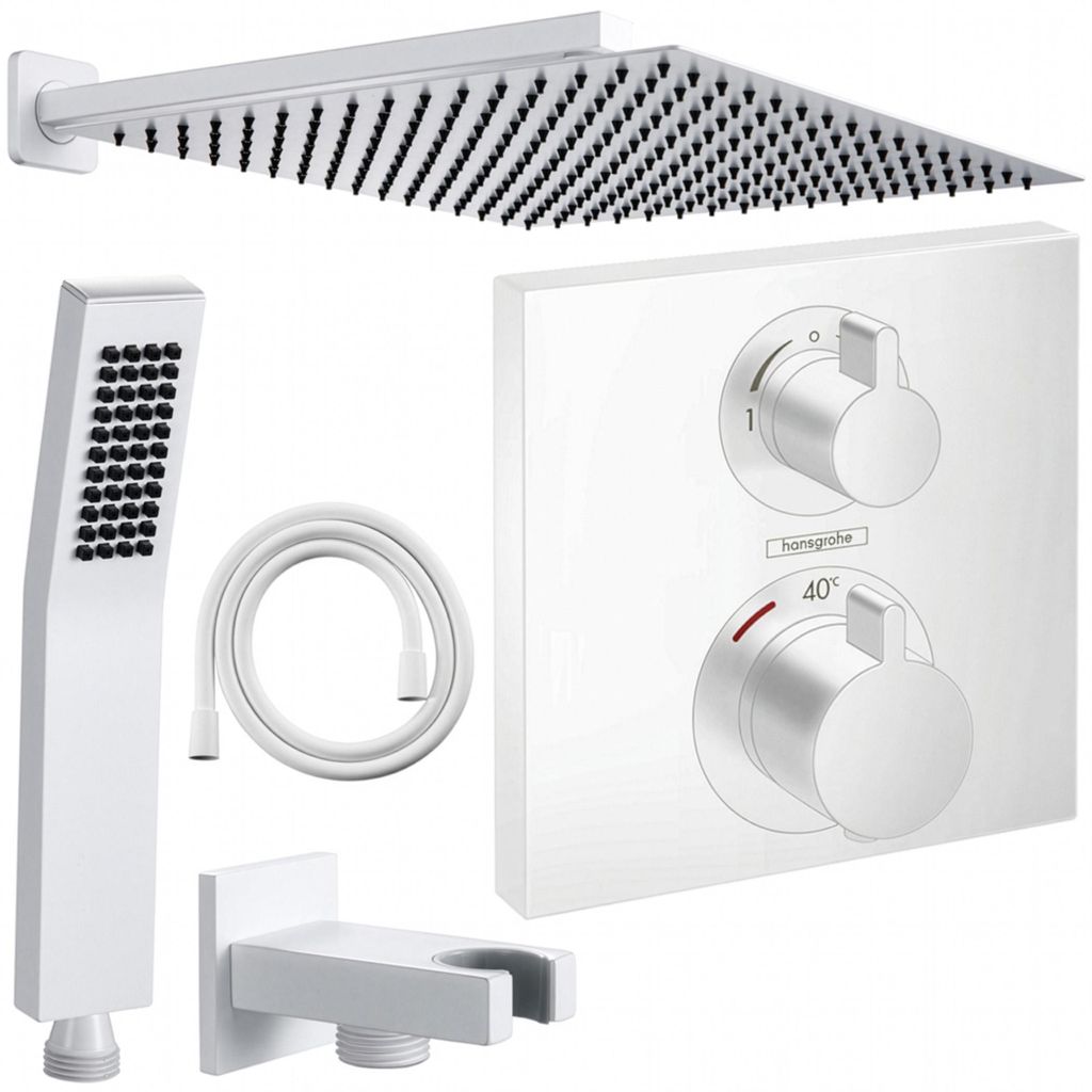 Hansgrohe und Jowi Unterputz Duschsystem Weiß, Ecostat Square Thermostat, Duscharmatur, Regendusche, 360 mm Kopfbrause, OHNE iBox