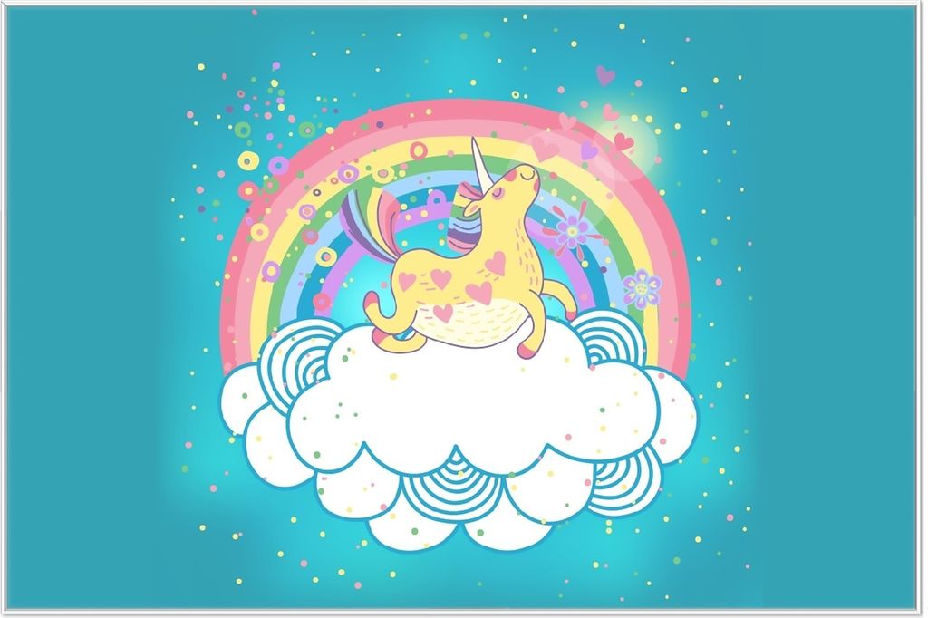 Wallario Wandbild Lustiges Einhorn auf einer Wolke vor Regenbogen, Größe: 61 x 91,50 cm, Poster mit weißem Aluminiumrahmen