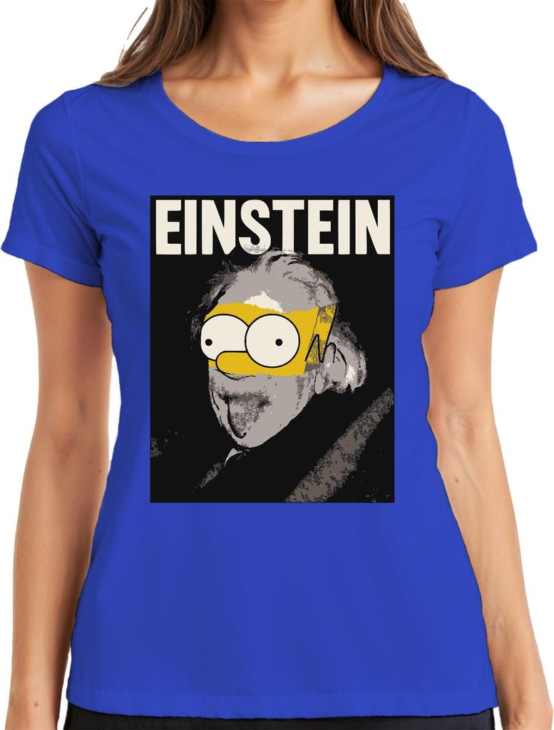 Einstein Parodie Simpsons Mashup Nerd Physik Wissenschaft Retro Damen T-Shirt, Blau, M