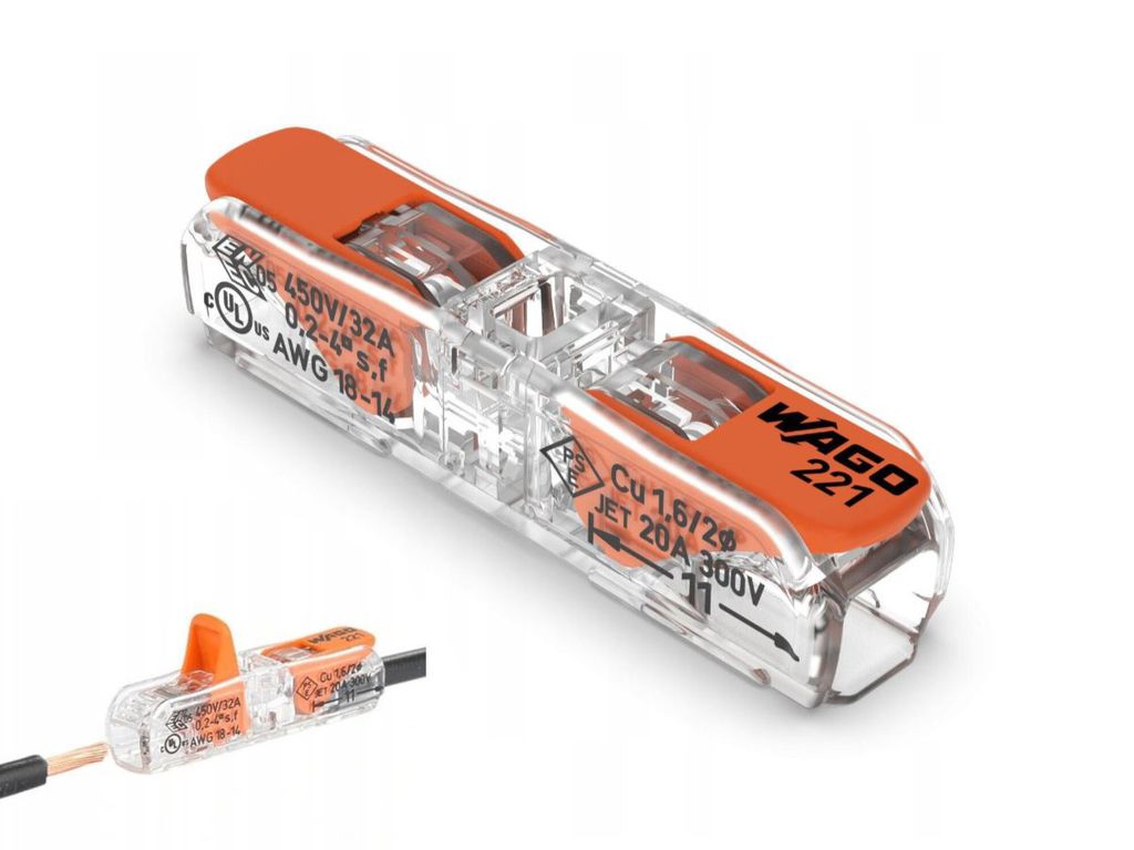 A clear product shot of a WAGO 221 series lever connector, with a smaller inset image showing one connector attached to a wire.