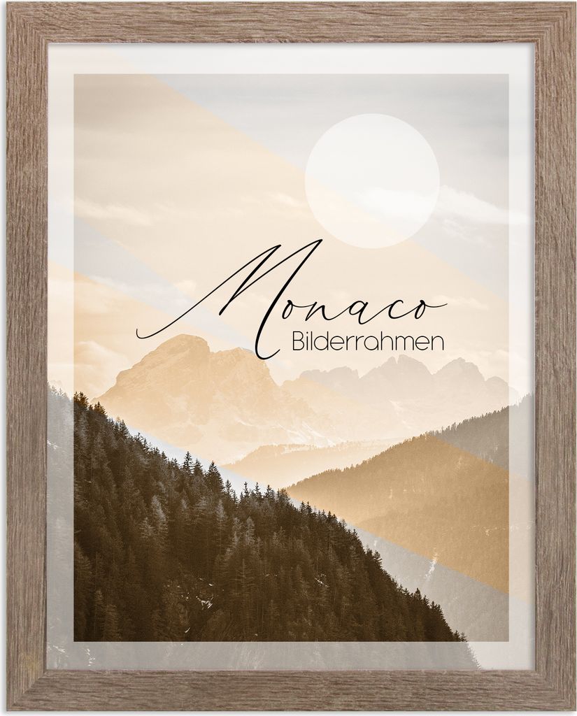 Bilderrahmen Monaco - 42x59,4 cm (DIN A2), Raucheiche Nachbildung, 1 mm Kunstglas klar