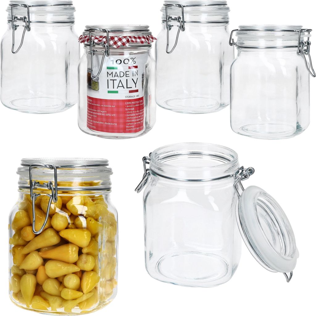 A collection of glass jars with clamp lids, some filled with yellow peppers and one with a label indicating '100% Made in Italy'.