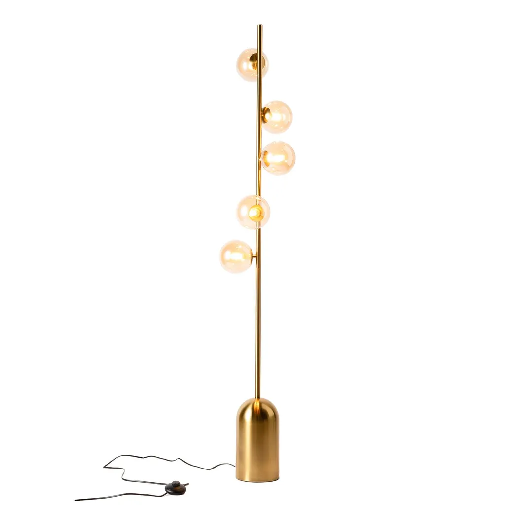 Lampadaire nordique métal doré et 5 globes ambre G9 LED - Série LuxAura