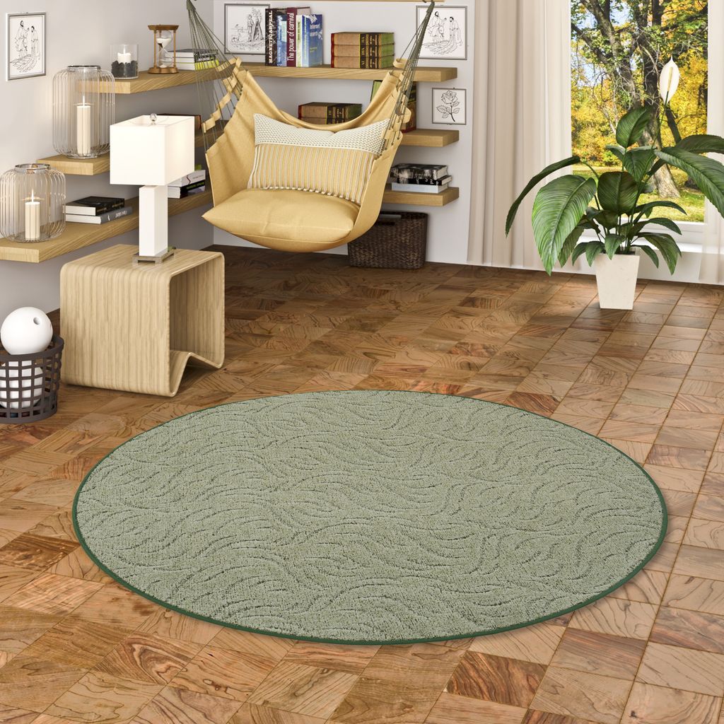 Konturenschnitt Hochflor Langflor Teppich Frieda Grün Rund, Größe:300 cm Rund