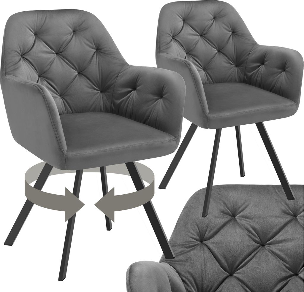 Two grey velvet armchairs are shown, one in the foreground and one in the background. The armchair in the foreground has arrows indicating it can swivel.