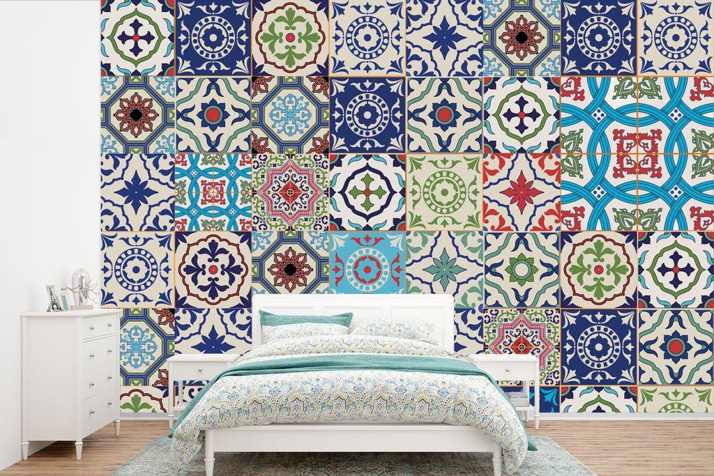 MuchoWow Fototapete für Wohnzimmer oder Schlafzimmer Wandtapete Vinyl Motivtapete Blumen - Muster - Grün - Blau - 330x220 cm - Fototapeten