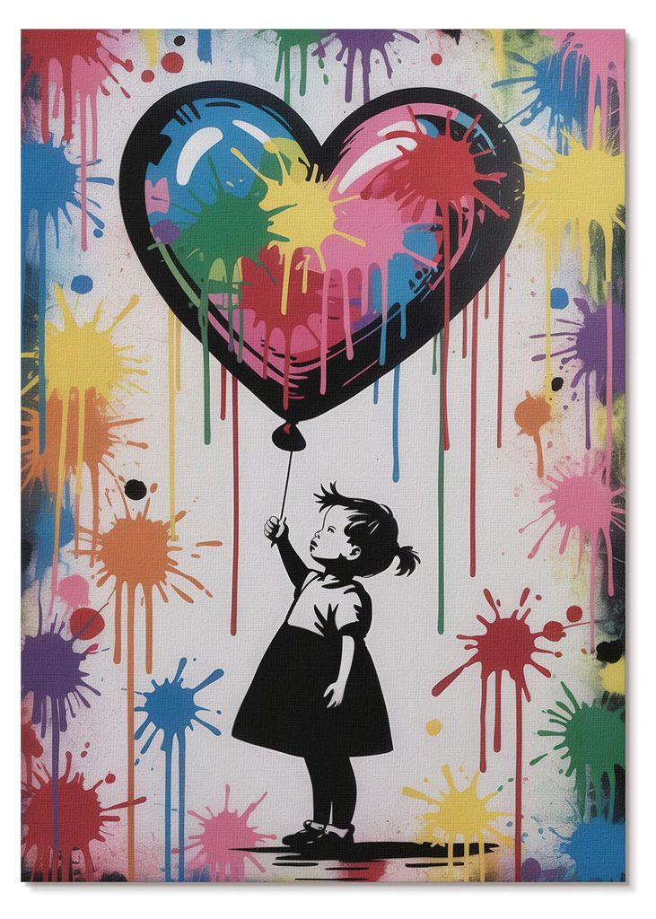 POSTER - 21x29 cm (A4) - Abece - Schwarz-weiße Figur mit einem bunten Graffiti-Herz - Wandbild für Wohnzimmer Schlafzimmer & Flur, Modernes Poste...