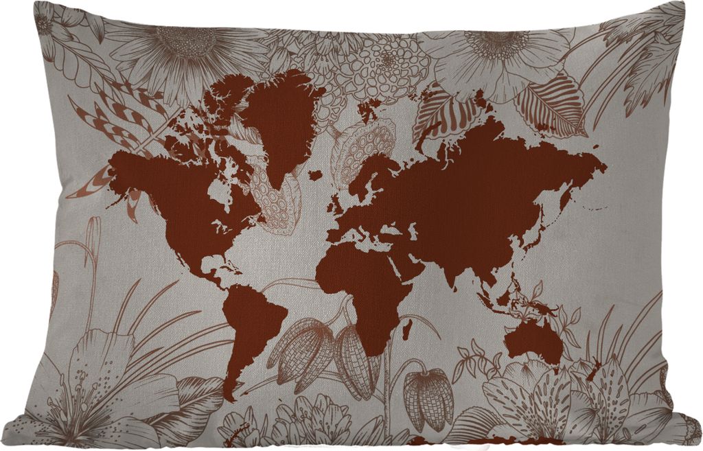 MuchoWow Outdoor Kissen - Weltkarte - Blumen - Rot - 50x30 cm - Wetterfest - Lounge Kissen - Sofa kissen - Wohnzimmer Dekoration