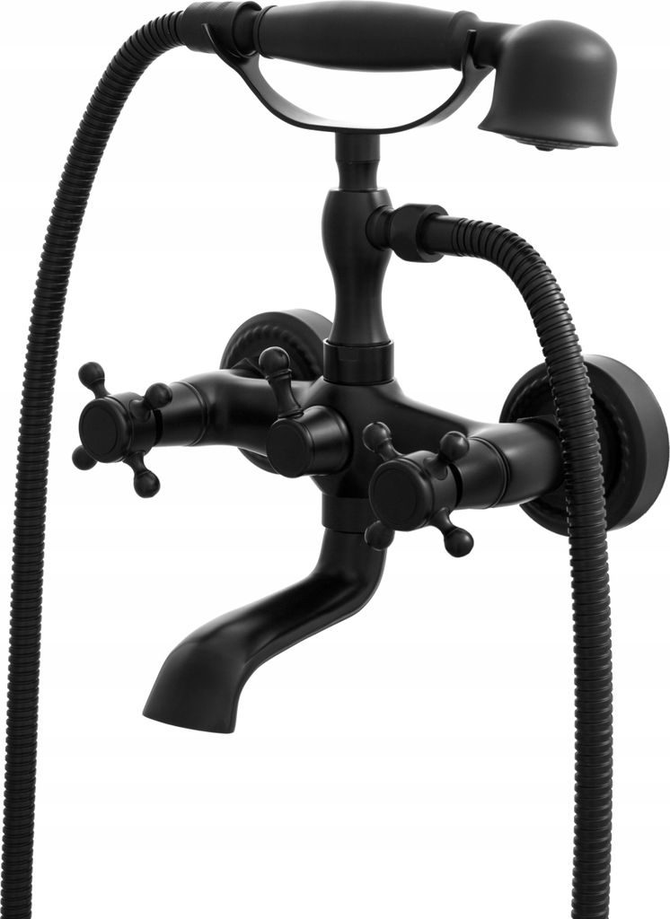 A black retro-style bathtub faucet with a handheld showerhead.