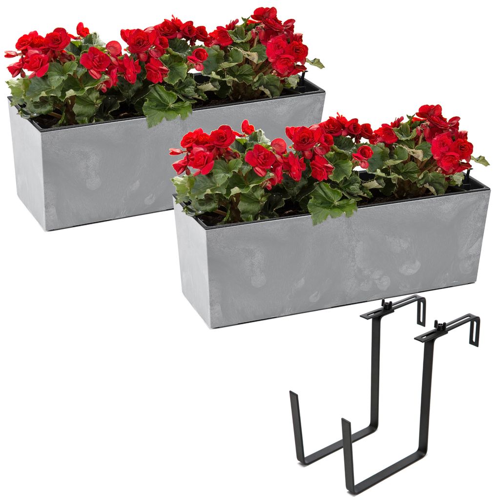 Set 2x Blumenkasten Balkonkaste mit Blumentopfeinsatz Beton Optik Grau 56x19 H19,5cm + Halterung Metall Schwarz