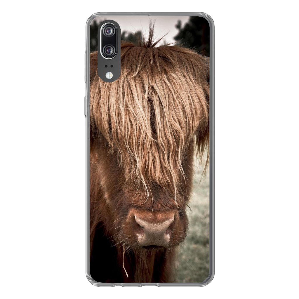 MuchoWow Handyhülle Schutzhülle Hülle für Huawei P20 Schottischer Highlander - Baum - Gras Silikon Softcase Handy Hülle - Hardcover