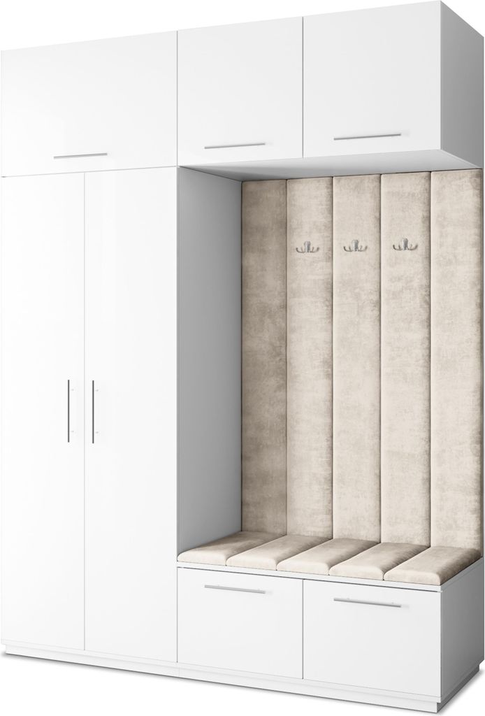 Masseno Garderobe-Set REMA 180/240/60 cm Modern Garderobenschrank Weiß, Veloursstoff MONOLITH 04 (Beige)
