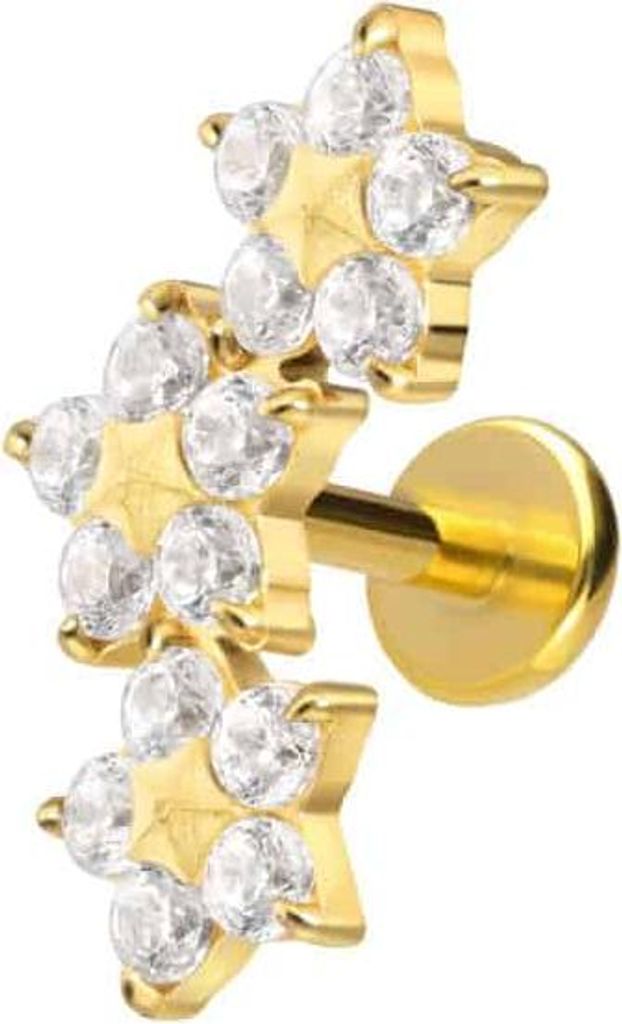 Ohrpiercing, Nasenpiercing Titan Labret mit Push Fit 3 KRISTALLBLUMEN Gold Stablänge: 6mm | Stabstärke: 1mm