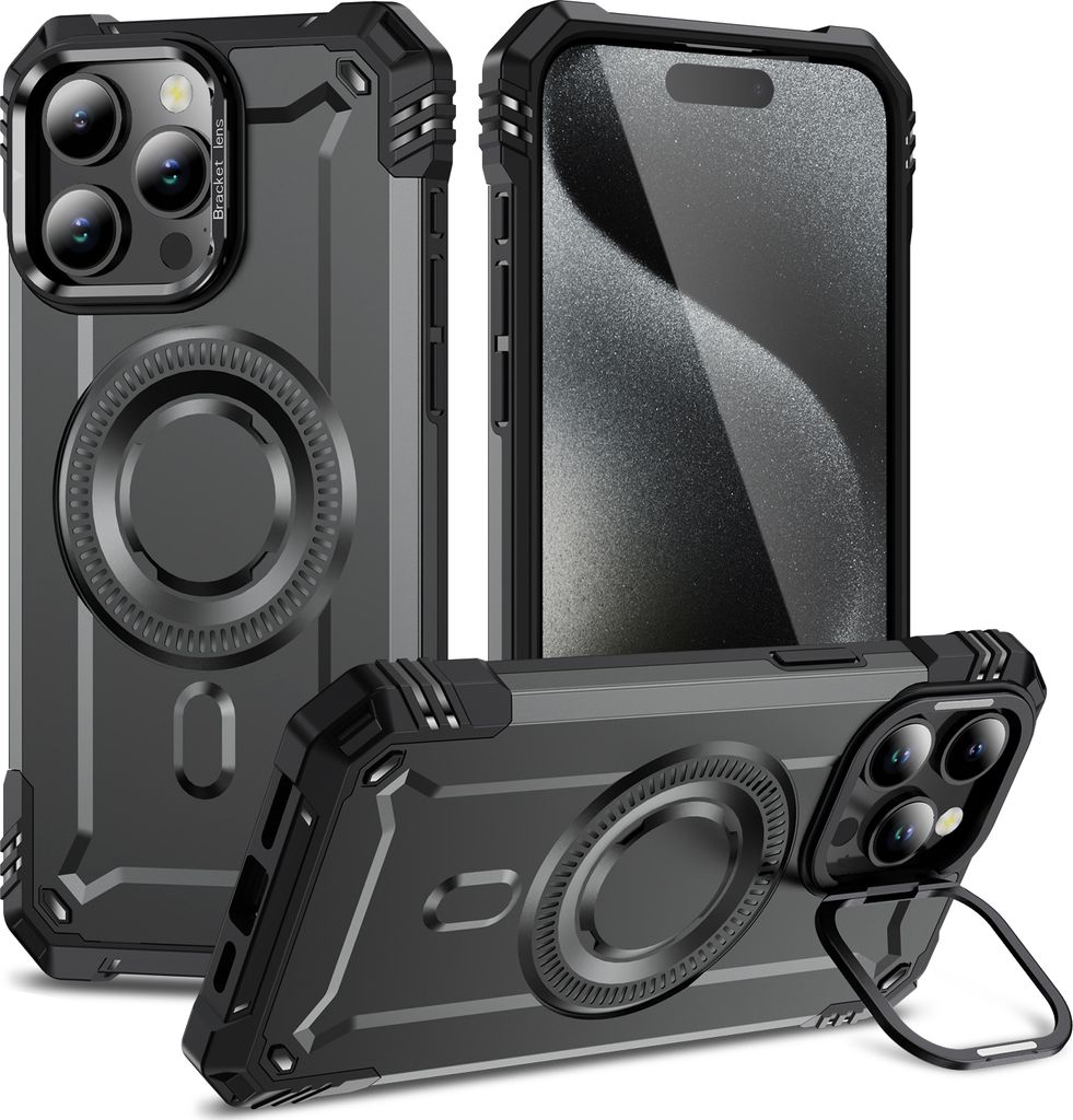 Magnetisch Hülle für iPhone 15 Pro Max, Heavy Duty Militärischer Stoßfest Handyhülle Kamera-Ringständer Grau