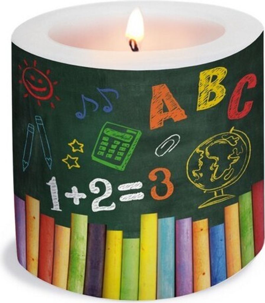 Kerze rund Colourful Blackboard - Farbenfrohe Schultafel Ø 8cm, Höhe 7,5cm