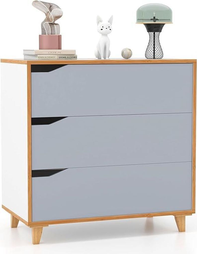 Kommode mit 3 Schubladen, Schubladenschrank mit ausgeschnittenem Griff, Gummiholzbeinen & Kippsicherung, modernes Sideboard, 75 × 42 × 75 cm, grau