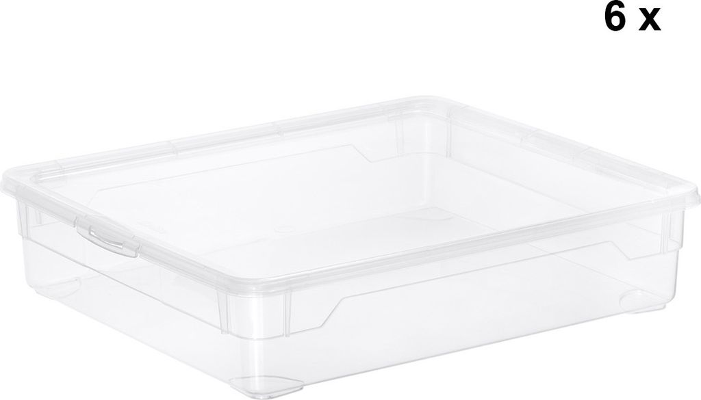 A clear plastic storage box with a lid, shown from a slightly elevated side angle.