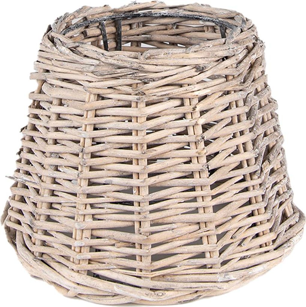 A close-up view of a lampshade made of woven rattan.
