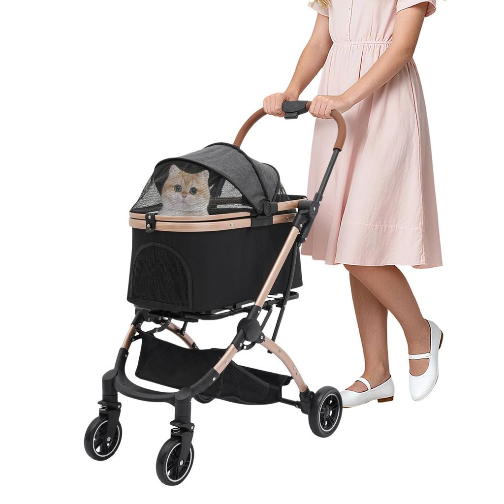 Hundebuggys 4-rädriger Haustier-Kinderwagen faltbarer für Hunde und Katzen (Schwarz&Grau)