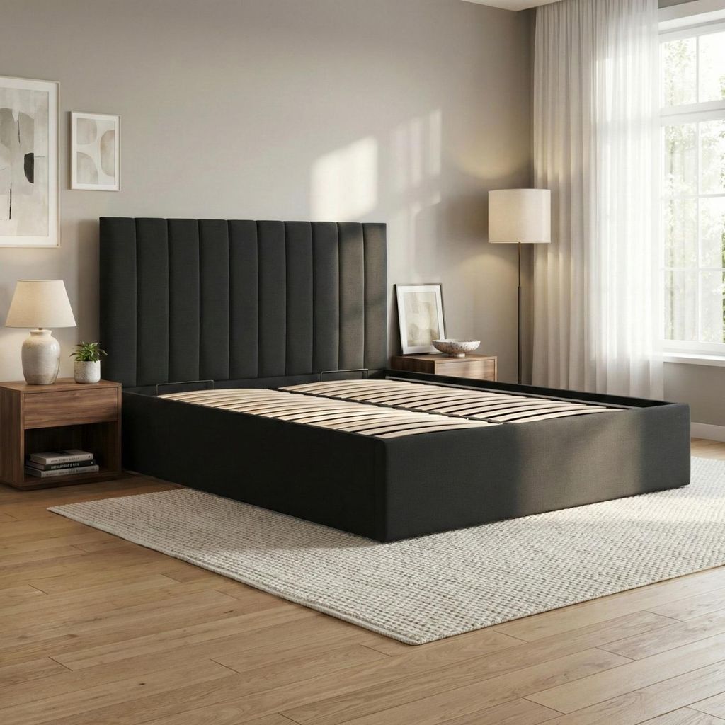 Polsterbett POLLA 140x200 – Modernes Doppelbett mit Kopfteil und Holzlattenrost, ohne Bettkasten Schwarz Geflecht