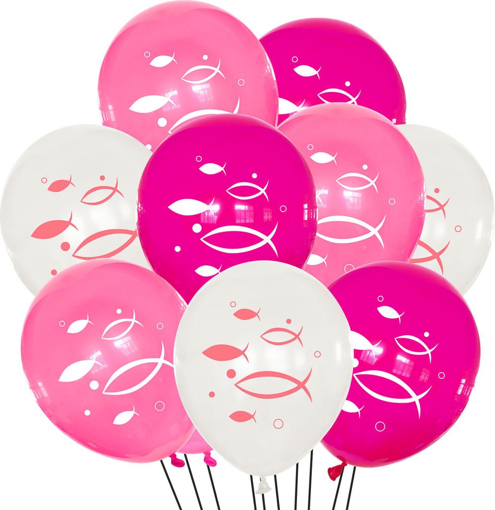 Oblique Unique Fisch Luftballon Set 10 Stk. Ballons für Taufe Kommunion Konfirmation Deko Mädchen Weiß Rosa Pink