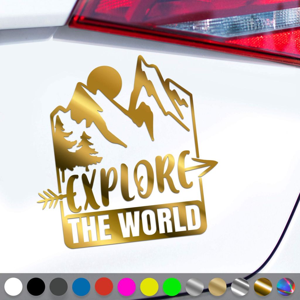 PantherPixel Reisen Camping Aufkleber Die Welt Entdecken Explore Sticker Auto Geschenkidee Farbe Chrom-Gold
