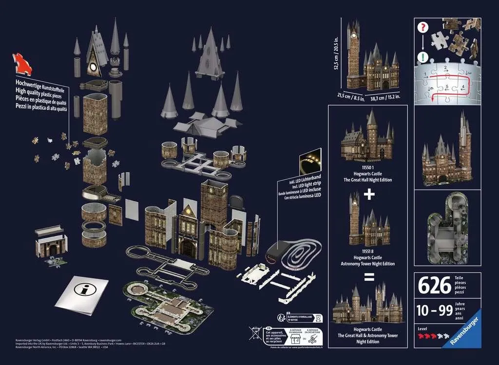 Tour de Poudlard Puzzle 3D 540 pièces : Version nuit avec LED intégrées - 3