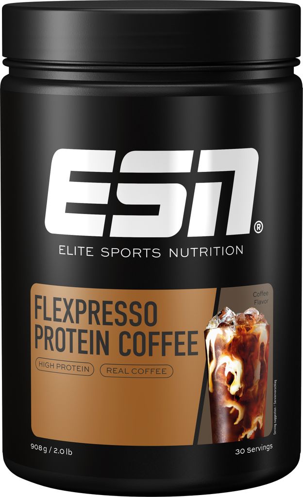 A black container of ESN Flexpresso Protein Coffee.