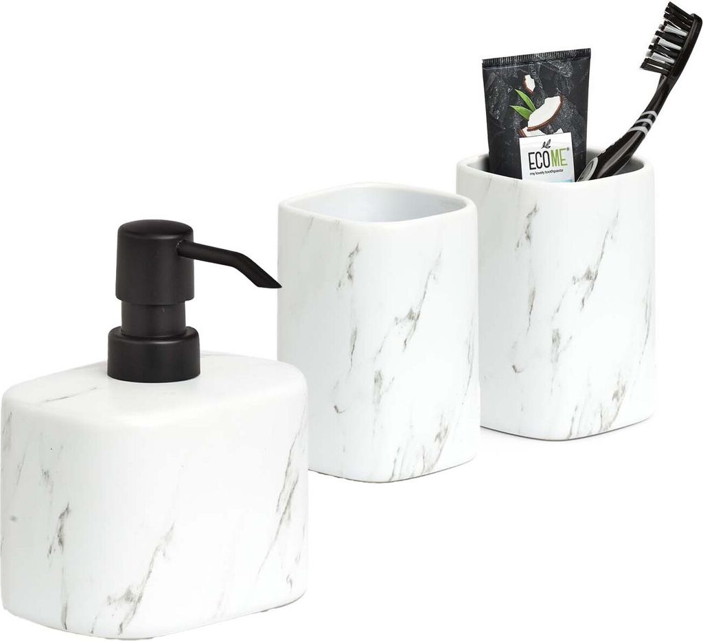 3-teiliges Badezimmer-Set Keramik, weiße Marmoroptik, Badzubehör-Set besteht aus: Seifenspender, 2x Zahnputzbecher, moderne Badausstattung von Ze...
