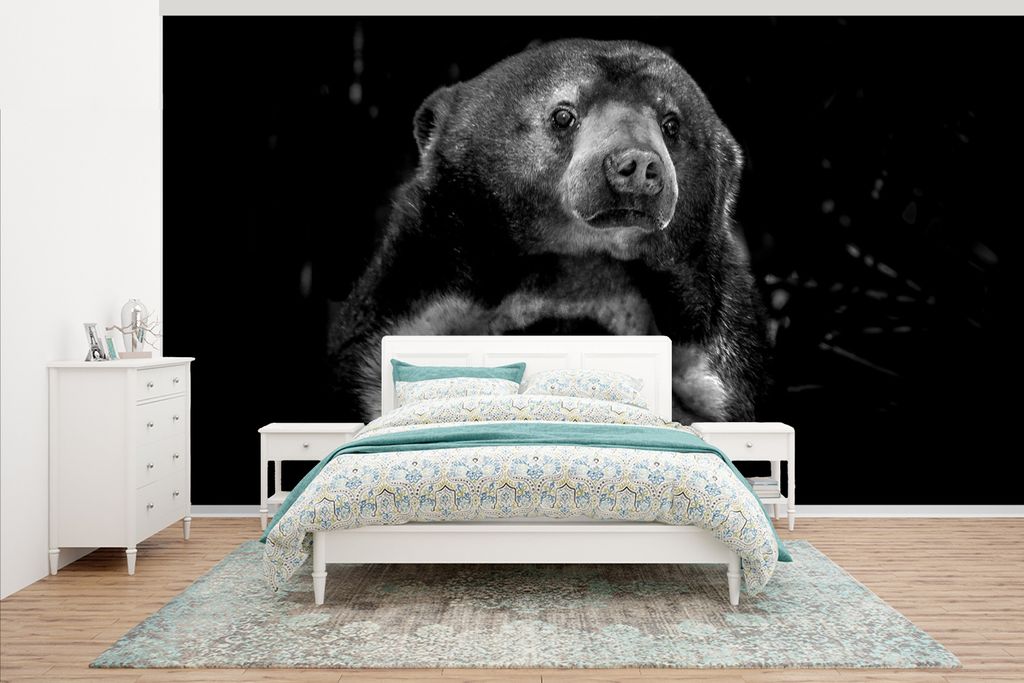 MuchoWow Fototapete für Wohnzimmer oder Schlafzimmer Wandtapete Vinyl Motivtapete Nahaufnahme eines Malaienbären - schwarz und weiß - 500x280 ...