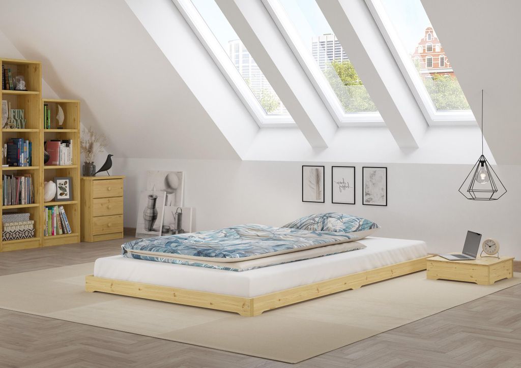 Teenagerbett Futon extra niedriges Studentenbett 120x200 Fichte Tanne geölt V-60.47-12Rollrost inkl.