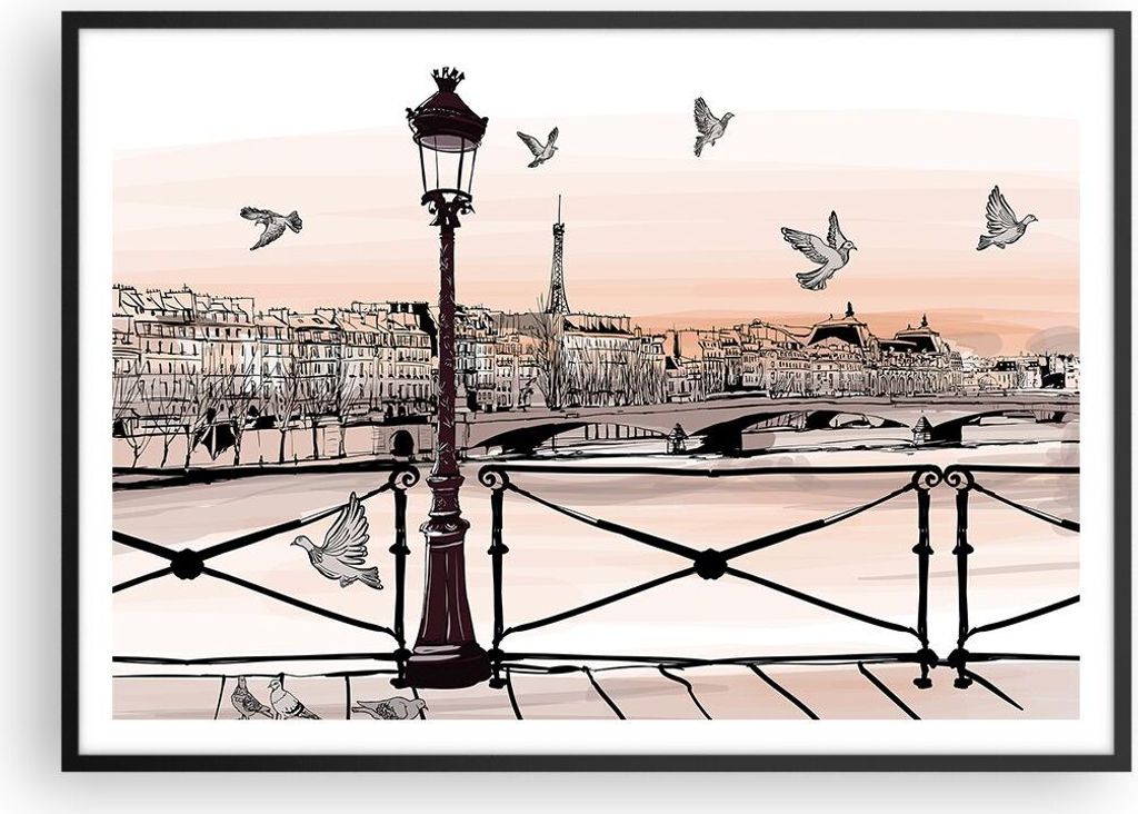 Gerahmtes Poster - Schwarzer Rahmen - frankreich Taube Grafiken Illustration - 100x70 cm - Wand Bild - Wanddeko - Wandbilder - Wandposter - Bilderr...