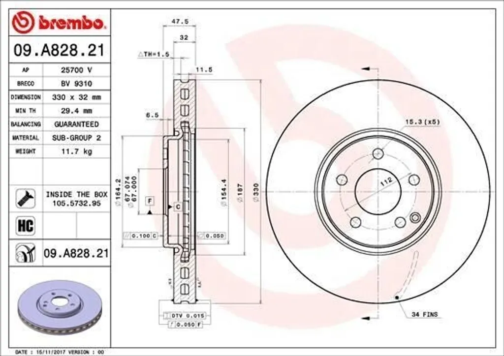 Disque de Frein Haute Performance Brembo 09.A828.21 Traité Anti-Corrosion
