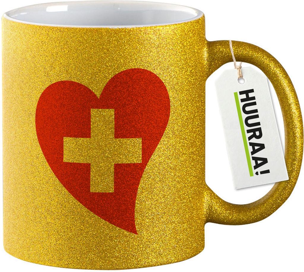 Huuraa Glitzertasse Schweiz Flagge Herz 330ml Gold Keramik Kaffeebecher Geschenkidee