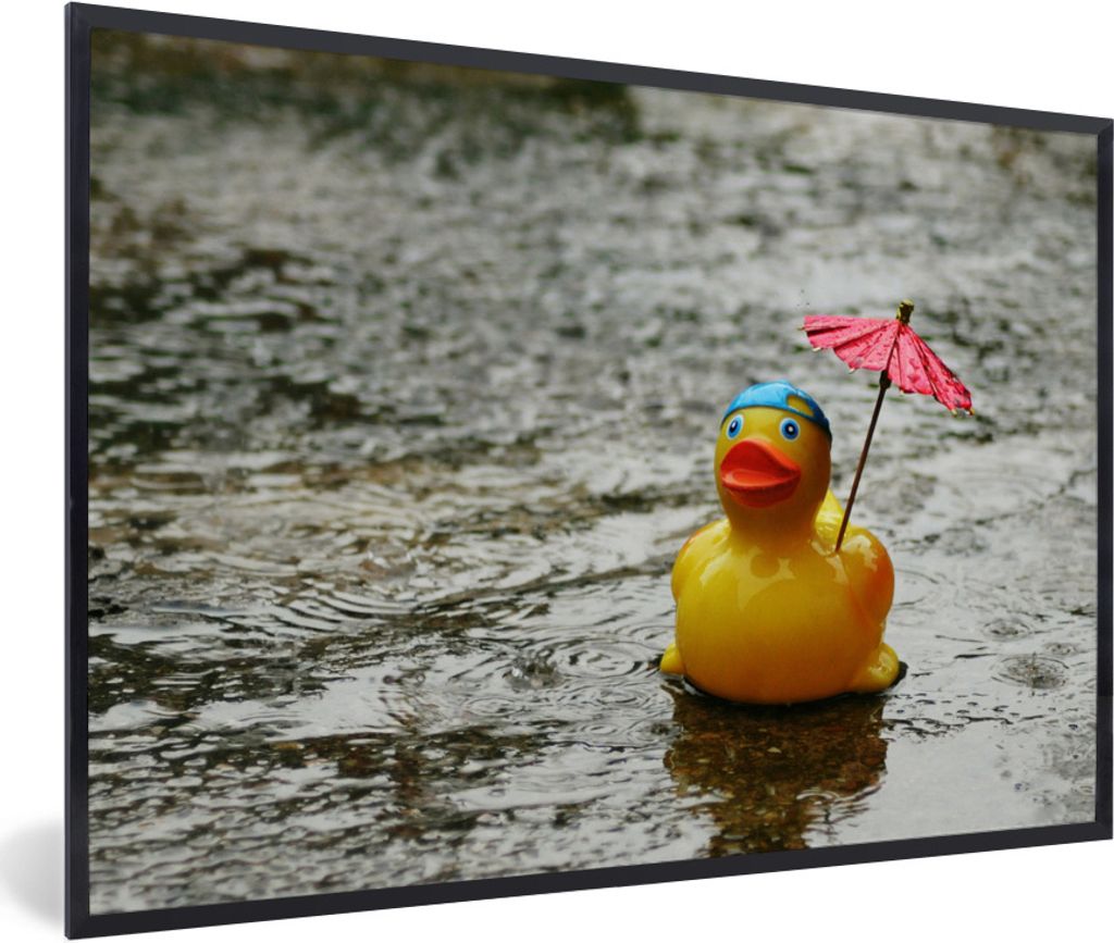 MuchoWow Gerahmtes Poster Gummi-Ente - Regen - Regenschirm 90x60 cm - Poster mit Schwarzem Bilderrahmen Wandposter Rahmen Foto Bilder - Fotorahme...