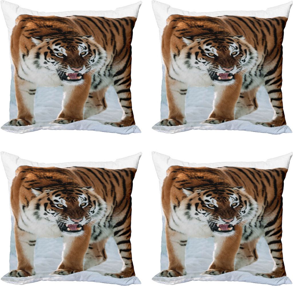 ABAKUHAUS Tiger Kissenbezug Set (4 Stück), Siberian Predator Feline, Moderner Doppelseitiger Digitaldruck, 50 cm x 50 cm, Pale Braun Schwarz