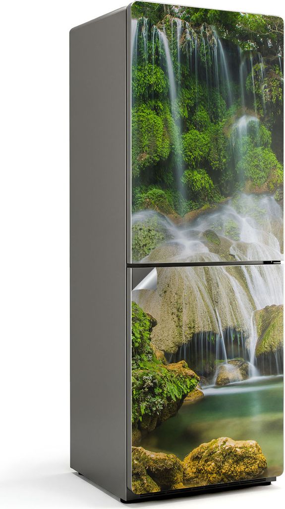 Wasserfall inmitten der Vegetation – Kühlschrank Aufkleber – Klebefolie Kühlschrank – Kühlschrank Nachbildung – Kühlschrankfolie selbst...
